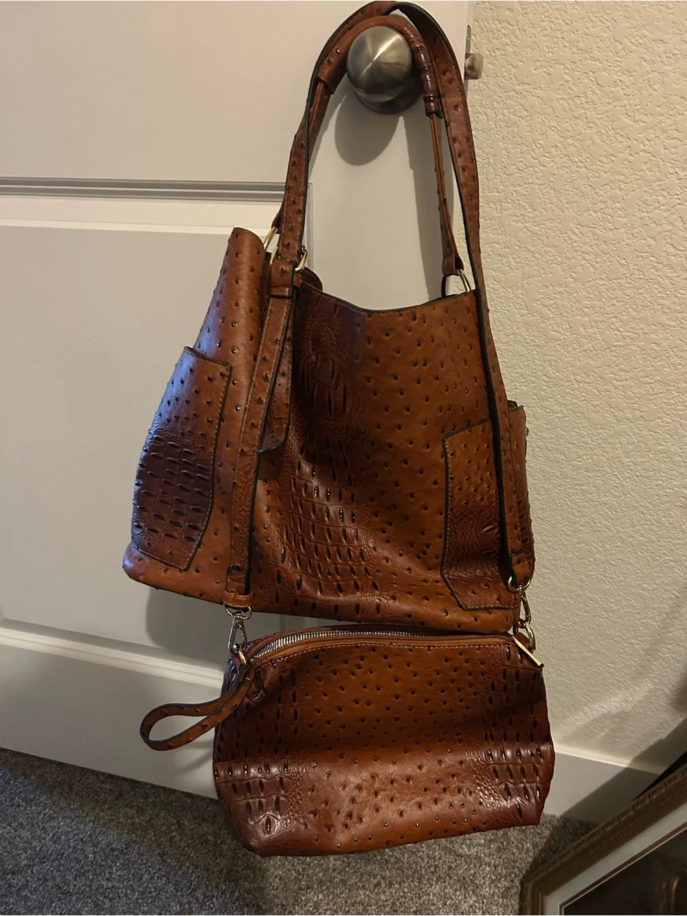 Brown Faux-Ostrich Hobo Shoulder Bag
